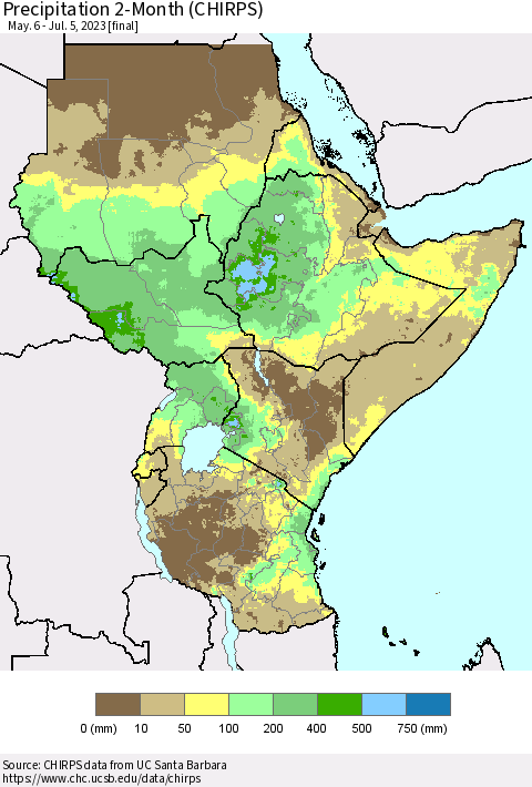 Eastern Africa Precipitation 2-Month (CHIRPS) Thematic Map For 5/6/2023 - 7/5/2023