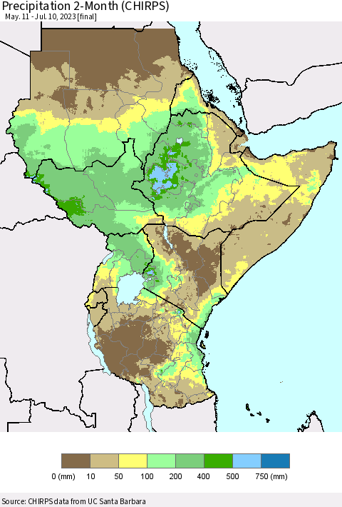 Eastern Africa Precipitation 2-Month (CHIRPS) Thematic Map For 5/11/2023 - 7/10/2023