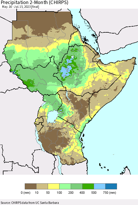 Eastern Africa Precipitation 2-Month (CHIRPS) Thematic Map For 5/16/2023 - 7/15/2023