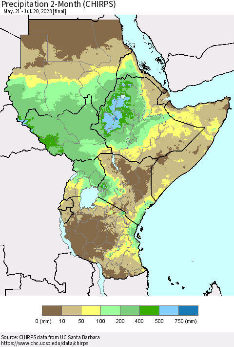 Eastern Africa Precipitation 2-Month (CHIRPS) Thematic Map For 5/21/2023 - 7/20/2023