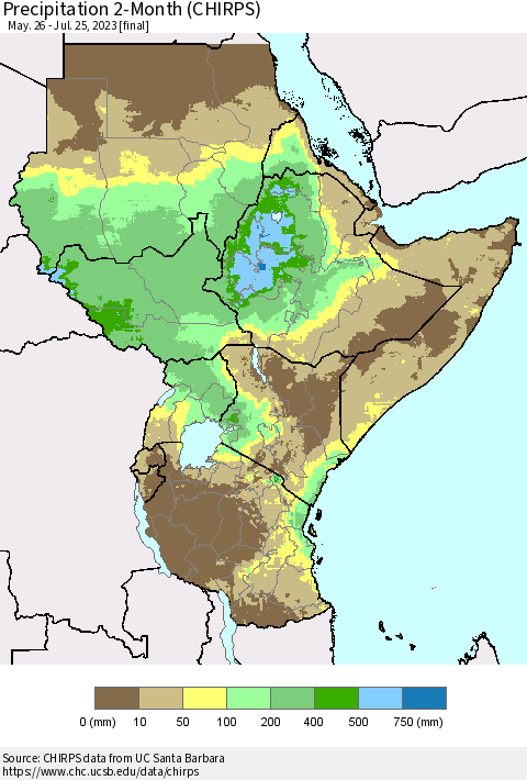 Eastern Africa Precipitation 2-Month (CHIRPS) Thematic Map For 5/26/2023 - 7/25/2023