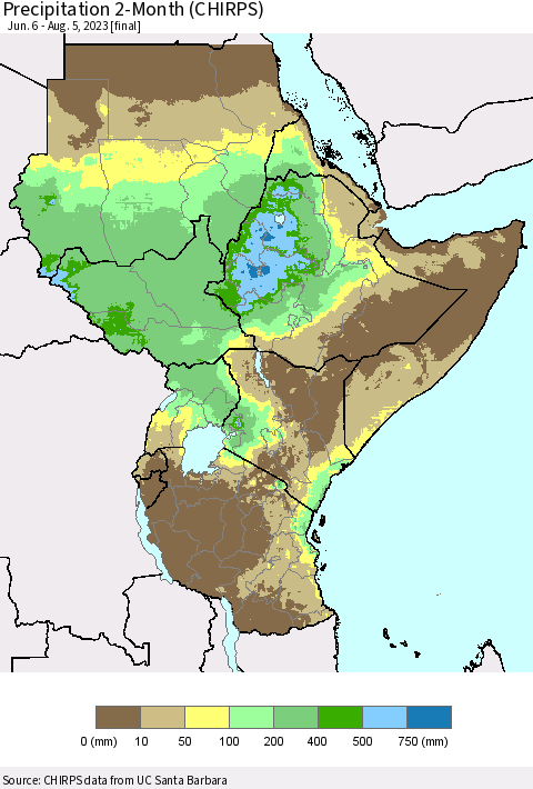 Eastern Africa Precipitation 2-Month (CHIRPS) Thematic Map For 6/6/2023 - 8/5/2023