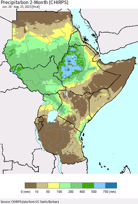 Eastern Africa Precipitation 2-Month (CHIRPS) Thematic Map For 6/26/2023 - 8/25/2023