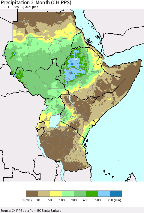 Eastern Africa Precipitation 2-Month (CHIRPS) Thematic Map For 7/11/2023 - 9/10/2023