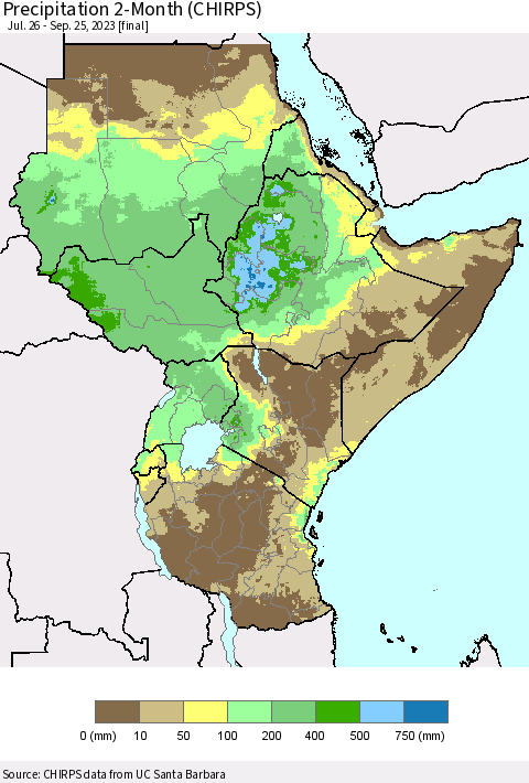 Eastern Africa Precipitation 2-Month (CHIRPS) Thematic Map For 7/26/2023 - 9/25/2023
