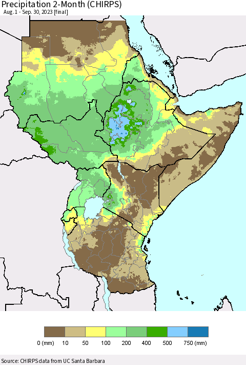 Eastern Africa Precipitation 2-Month (CHIRPS) Thematic Map For 8/1/2023 - 9/30/2023