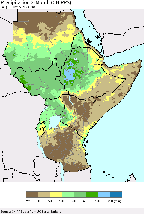 Eastern Africa Precipitation 2-Month (CHIRPS) Thematic Map For 8/6/2023 - 10/5/2023