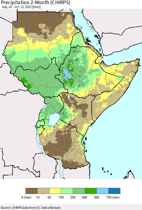 Eastern Africa Precipitation 2-Month (CHIRPS) Thematic Map For 8/16/2023 - 10/15/2023