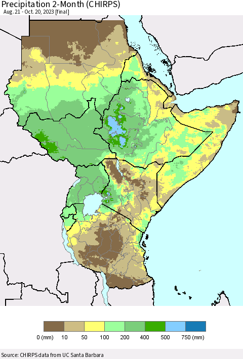 Eastern Africa Precipitation 2-Month (CHIRPS) Thematic Map For 8/21/2023 - 10/20/2023