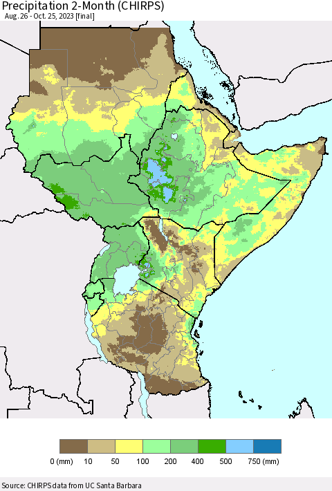 Eastern Africa Precipitation 2-Month (CHIRPS) Thematic Map For 8/26/2023 - 10/25/2023