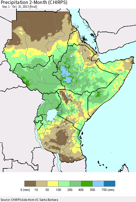Eastern Africa Precipitation 2-Month (CHIRPS) Thematic Map For 9/1/2023 - 10/31/2023