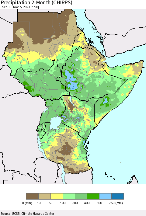 Eastern Africa Precipitation 2-Month (CHIRPS) Thematic Map For 9/6/2023 - 11/5/2023