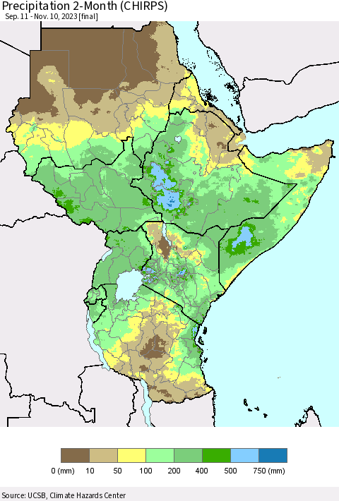 Eastern Africa Precipitation 2-Month (CHIRPS) Thematic Map For 9/11/2023 - 11/10/2023