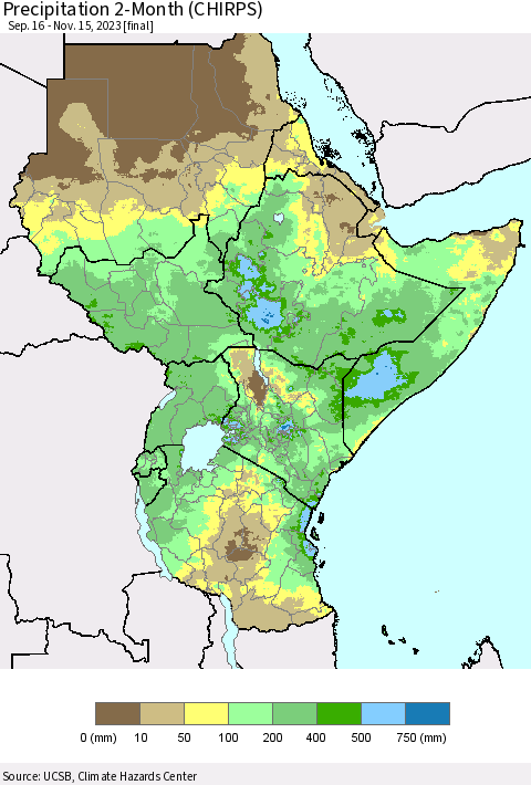 Eastern Africa Precipitation 2-Month (CHIRPS) Thematic Map For 9/16/2023 - 11/15/2023