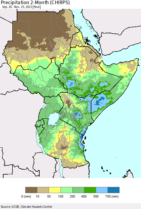 Eastern Africa Precipitation 2-Month (CHIRPS) Thematic Map For 9/26/2023 - 11/25/2023