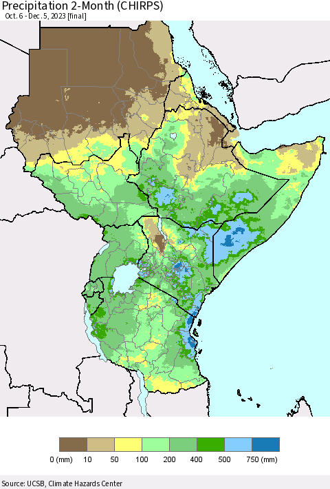Eastern Africa Precipitation 2-Month (CHIRPS) Thematic Map For 10/6/2023 - 12/5/2023