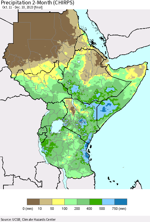 Eastern Africa Precipitation 2-Month (CHIRPS) Thematic Map For 10/11/2023 - 12/10/2023
