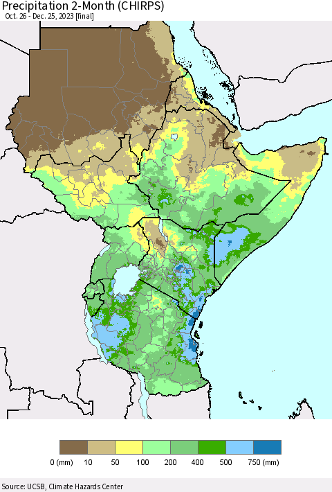 Eastern Africa Precipitation 2-Month (CHIRPS) Thematic Map For 10/26/2023 - 12/25/2023