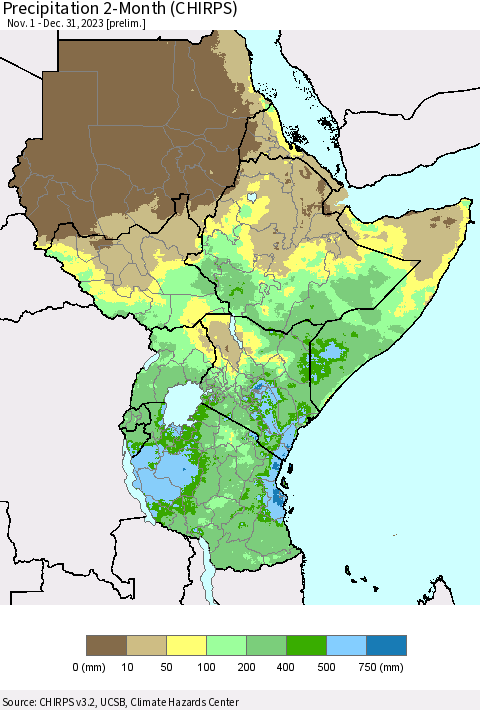 Eastern Africa Precipitation 2-Month (CHIRPS) Thematic Map For 11/1/2023 - 12/31/2023