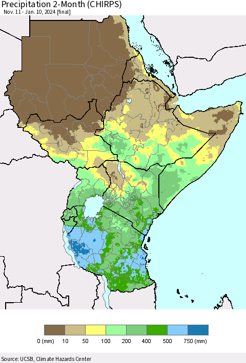 Eastern Africa Precipitation 2-Month (CHIRPS) Thematic Map For 11/11/2023 - 1/10/2024