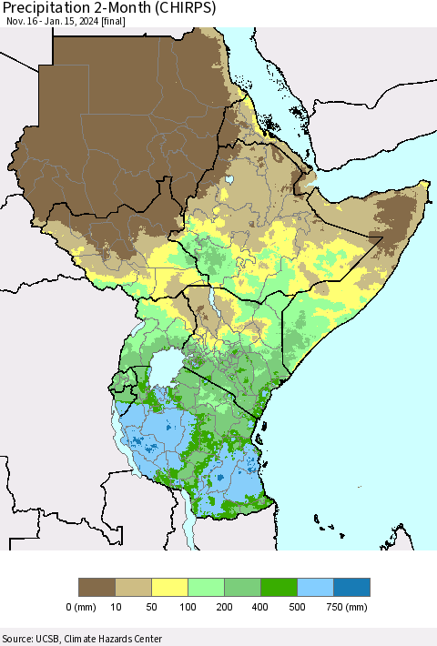 Eastern Africa Precipitation 2-Month (CHIRPS) Thematic Map For 11/16/2023 - 1/15/2024