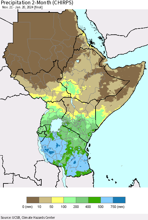 Eastern Africa Precipitation 2-Month (CHIRPS) Thematic Map For 11/21/2023 - 1/20/2024