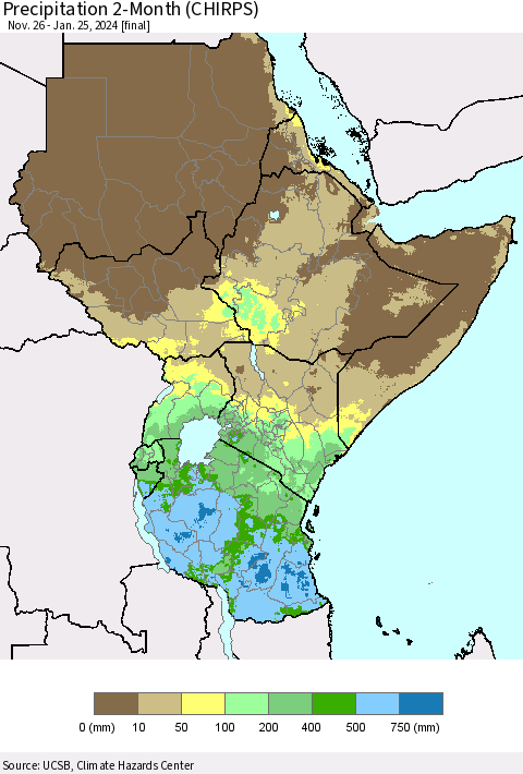 Eastern Africa Precipitation 2-Month (CHIRPS) Thematic Map For 11/26/2023 - 1/25/2024