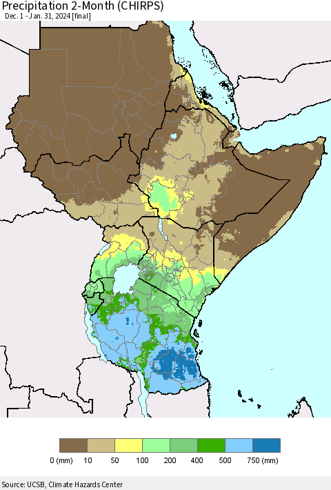 Eastern Africa Precipitation 2-Month (CHIRPS) Thematic Map For 12/1/2023 - 1/31/2024