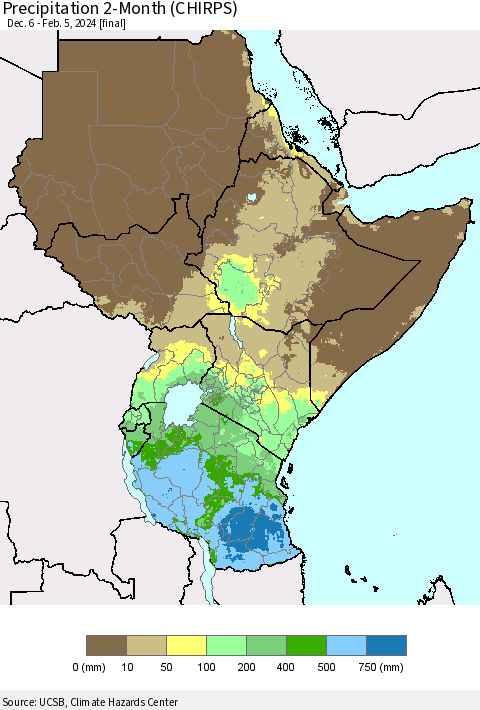 Eastern Africa Precipitation 2-Month (CHIRPS) Thematic Map For 12/6/2023 - 2/5/2024