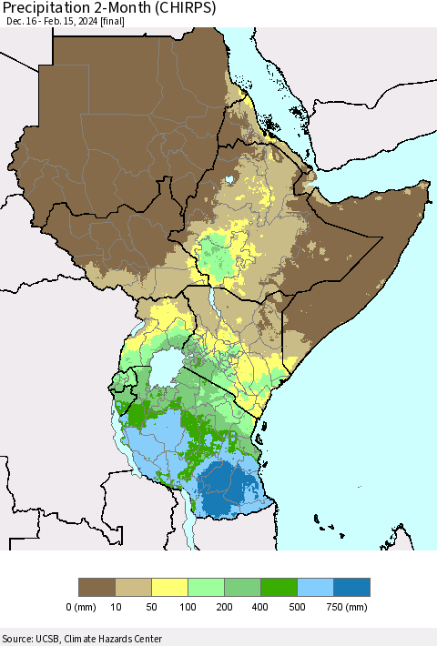 Eastern Africa Precipitation 2-Month (CHIRPS) Thematic Map For 12/16/2023 - 2/15/2024