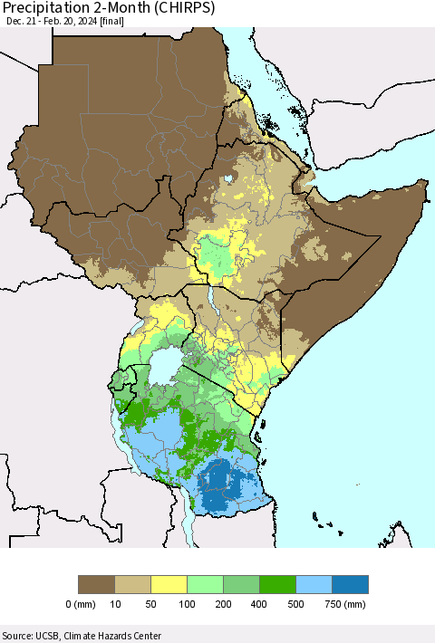 Eastern Africa Precipitation 2-Month (CHIRPS) Thematic Map For 12/21/2023 - 2/20/2024