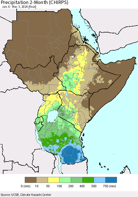 Eastern Africa Precipitation 2-Month (CHIRPS) Thematic Map For 1/6/2024 - 3/5/2024