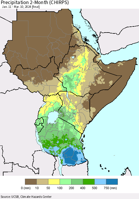 Eastern Africa Precipitation 2-Month (CHIRPS) Thematic Map For 1/11/2024 - 3/10/2024