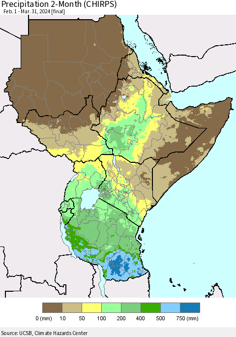 Eastern Africa Precipitation 2-Month (CHIRPS) Thematic Map For 2/1/2024 - 3/31/2024