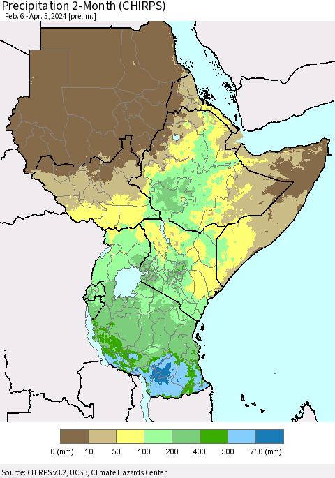 Eastern Africa Precipitation 2-Month (CHIRPS) Thematic Map For 2/6/2024 - 4/5/2024