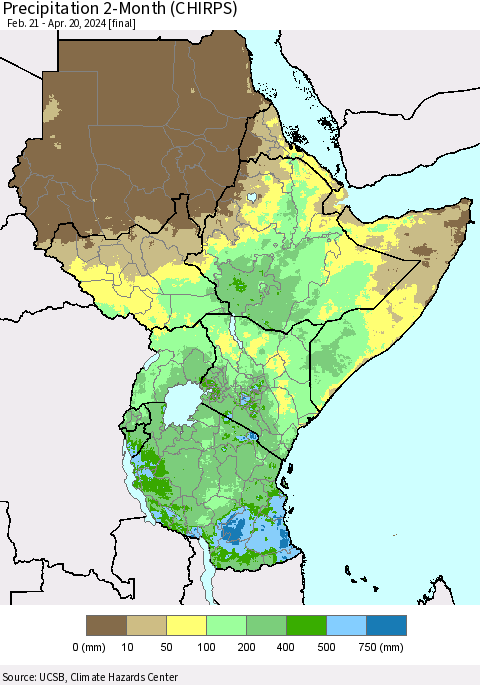 Eastern Africa Precipitation 2-Month (CHIRPS) Thematic Map For 2/21/2024 - 4/20/2024