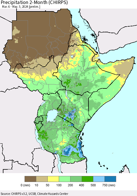 Eastern Africa Precipitation 2-Month (CHIRPS) Thematic Map For 3/6/2024 - 5/5/2024
