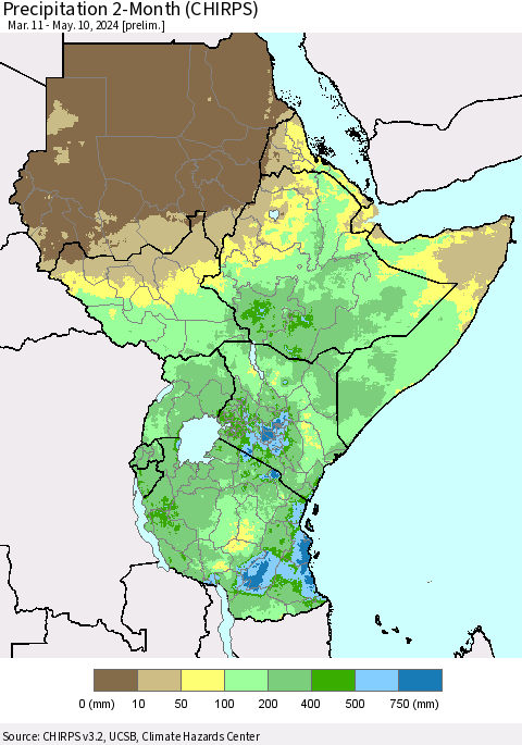 Eastern Africa Precipitation 2-Month (CHIRPS) Thematic Map For 3/11/2024 - 5/10/2024