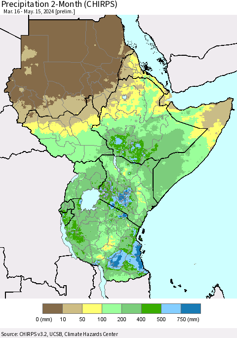 Eastern Africa Precipitation 2-Month (CHIRPS) Thematic Map For 3/16/2024 - 5/15/2024