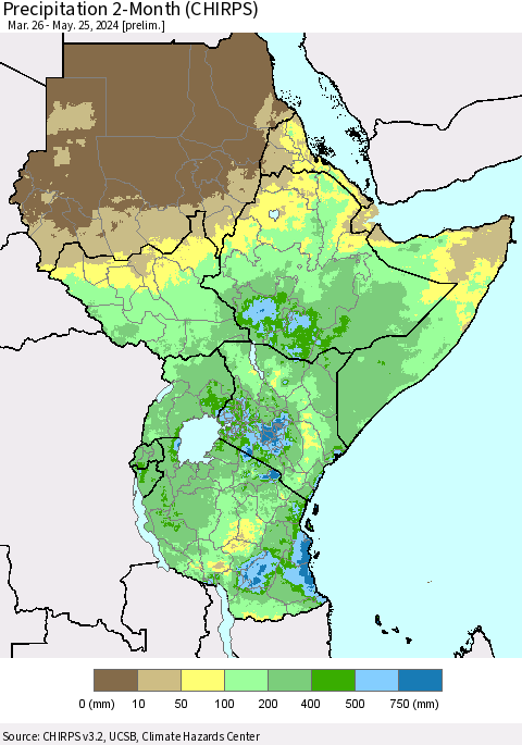 Eastern Africa Precipitation 2-Month (CHIRPS) Thematic Map For 3/26/2024 - 5/25/2024