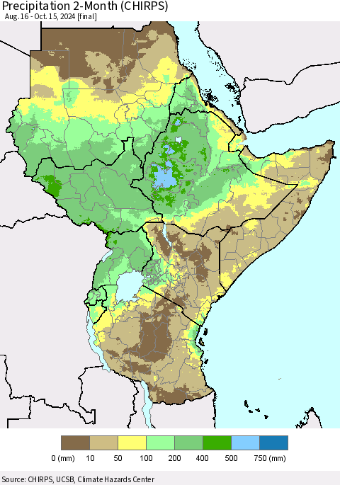Eastern Africa Precipitation 2-Month (CHIRPS) Thematic Map For 8/16/2024 - 10/15/2024