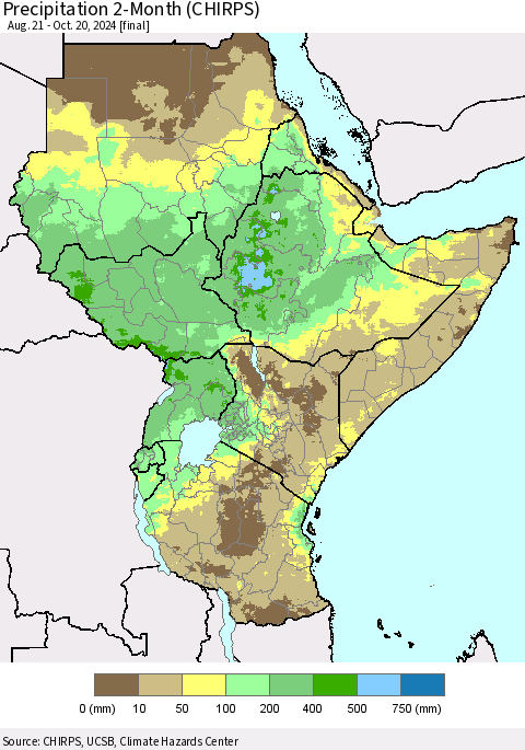 Eastern Africa Precipitation 2-Month (CHIRPS) Thematic Map For 8/21/2024 - 10/20/2024