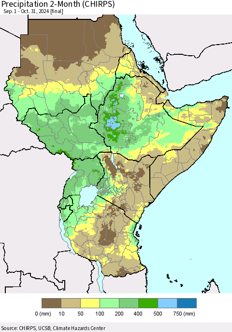 Eastern Africa Precipitation 2-Month (CHIRPS) Thematic Map For 9/1/2024 - 10/31/2024