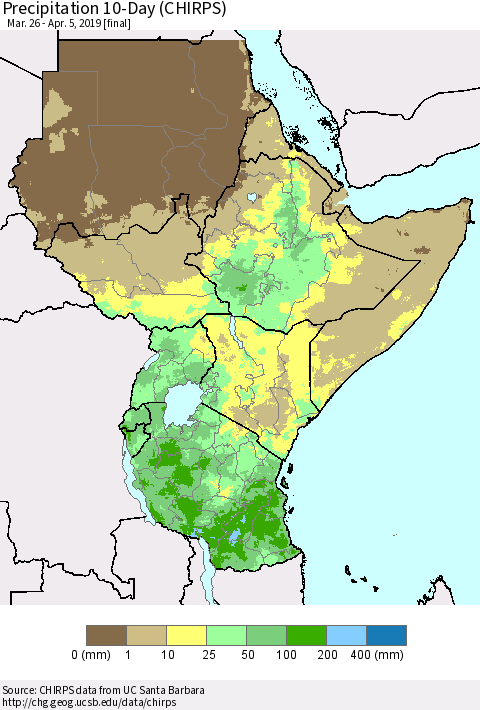 Eastern Africa Precipitation 10-Day (CHIRPS) Thematic Map For 3/26/2019 - 4/5/2019
