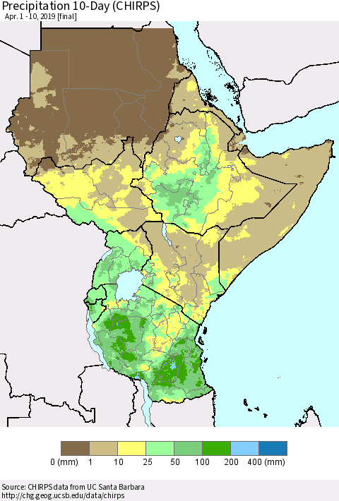 Eastern Africa Precipitation 10-Day (CHIRPS) Thematic Map For 4/1/2019 - 4/10/2019