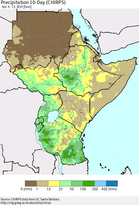 Eastern Africa Precipitation 10-Day (CHIRPS) Thematic Map For 4/6/2019 - 4/15/2019