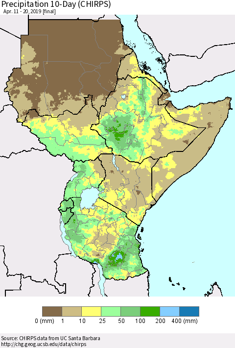 Eastern Africa Precipitation 10-Day (CHIRPS) Thematic Map For 4/11/2019 - 4/20/2019