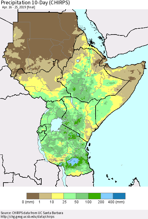 Eastern Africa Precipitation 10-Day (CHIRPS) Thematic Map For 4/16/2019 - 4/25/2019