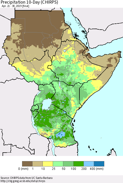Eastern Africa Precipitation 10-Day (CHIRPS) Thematic Map For 4/21/2019 - 4/30/2019