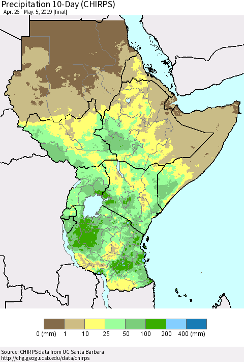Eastern Africa Precipitation 10-Day (CHIRPS) Thematic Map For 4/26/2019 - 5/5/2019